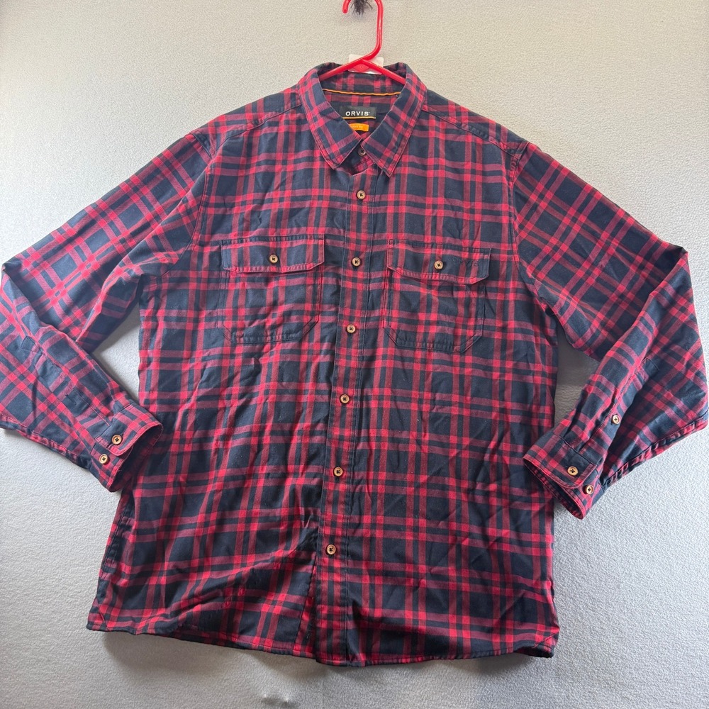 Orvis Mens Active Fit Plaid Button Down Shirt Red Navy Blue Wool Blend Large